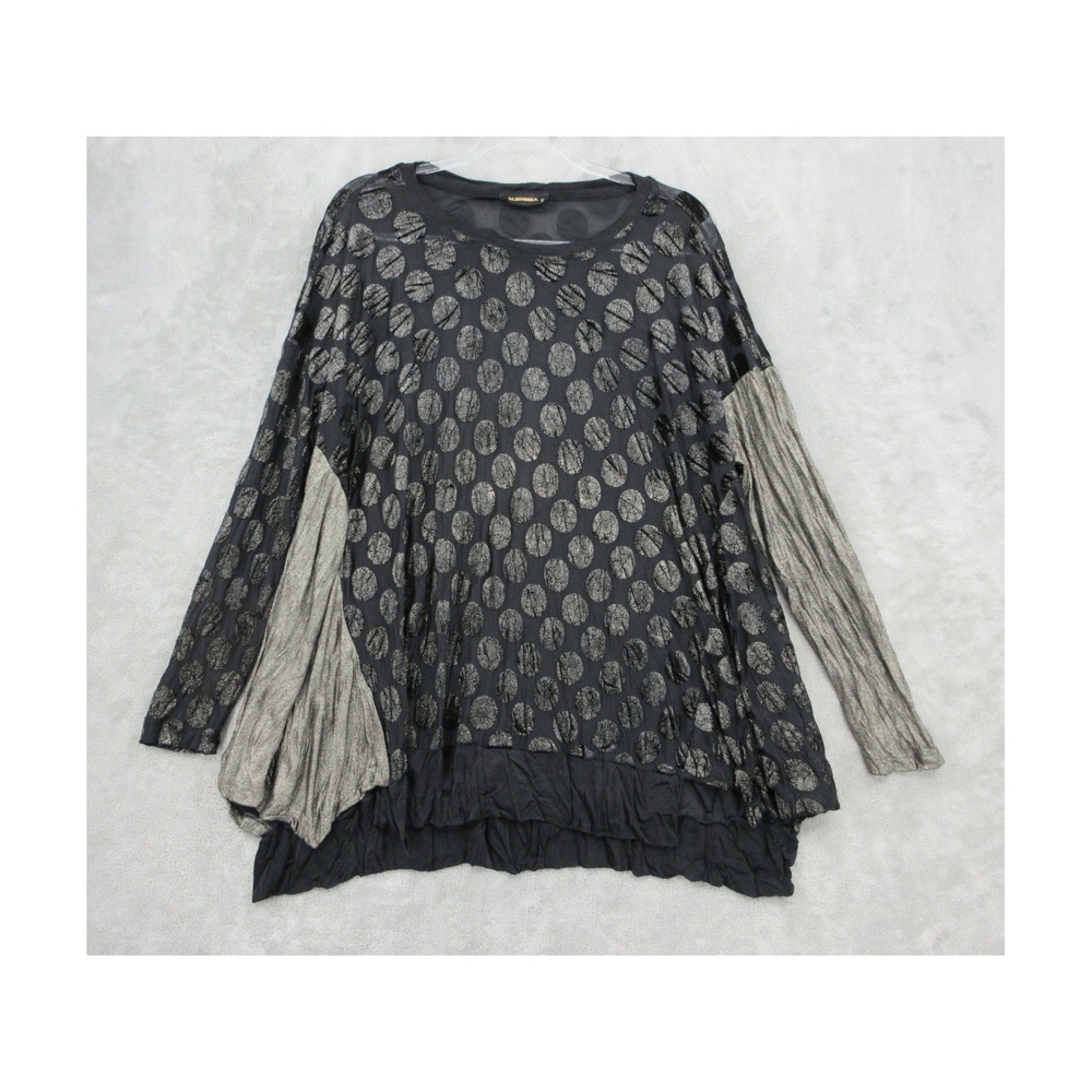 Alembika Top Womens Size S Polka Dot Sheer Mixed Media Lagenlook Artsy Black